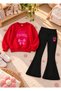Girls' Flared Leggings Set with Crew Neck Printed Sweatshirt—3-Ply Brushed Inside Winter Cotton Set