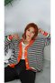 Women's Black-and-White Patterned Orange-Piped V-Neck Knit Cardigan - 2