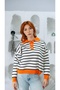 Women's Orange Polo Collar Black-and-White Striped Knit Sweater - 2