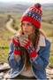 Women's Hand-Knitted Pom-Pom Beanie and Fingerless Glove Set – Winter Set with Bohemian Ethnic Patterned Design