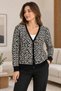 Women's 100% Cotton Leopard Print Knit Cardigan with Black Piping, Buttons, Long Sleeves, and V-Neck