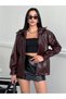 New Season Women's Leather Jacket with Elastic Waistband and Mock Neck Detail - 4