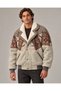 (8125) Men’s Vintage-Print Patchwork Bomber Jacket with Fur-Trimmed Collar - L/XL