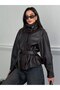New Season Women's Mock Neck Leather Belted Trench Coat - 2