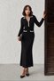 Women's Black Polo Collar, Button Detail, Long-Sleeve, Corded Fabric, Elegant Knit Midi Dress (S/M) - 2