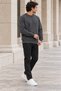 Men's Charcoal Grey Brioche Knit Crew-Neck Sweatshirt, Relaxed Fit with Elastic Cuffs and Hem - 2