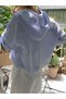 1 Pack Striped Button Down Shirt Women,Light Blue Linen Hooded Short Top - 2