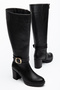 Oval-Toed, Buckle-Fastened, Side-Zippered, Leather-Look Heeled Women’S Black Boots, 7cm Heel, Thermo Sole, Non-Slip. - 7