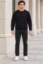 Men's Black Brioche Knit Crew-Neck Sweatshirt, Relaxed Fit with Elastic Cuffs and Hem - 6