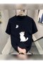 Unisex Oversized Printed Crew-Neck Short-Sleeve BLACK T-shirt with Butterfly and Cat Print
