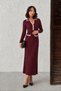 Women's Burgundy Polo Collar, Button Collar Detail, Long-Sleeved, Corded Fabric, Elegant Knit Midi Dress (S/M) - 5