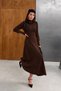 Women's Bitter Coffee-Colored Long-Sleeve Knit Dress with a Boat Neck, Detachable Scarf, and Half-Buttoned Sleeves - 4