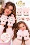 Pink Hello Kitty Cat-Printed Plush Gloves, Foldable, Open-Finger, Closed-Finger, Buttoned, Winter, Kids, Adults