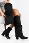 Women's Black Suede Slip-On Boots with Ruched Details