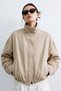 Women's stand collar zippered gabardine jacket - stone