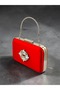 Red Satin Baguette-Stone-Embellished Baklava-Buckled Women's Evening Bag with Silver Frame and Metal Handles for Weddings and Engagements - 6