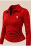 Red Polo Collar Long-Sleeve Glittery, Embroidered, Stretch Fabric Premium Body Blouse