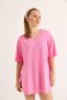 Pink V-Neck Basic T-Shirt, Oversized, Drop-Shoulder, Slit, Long Fit - 3