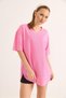 Pink V-Neck Basic T-Shirt, Oversized, Drop-Shoulder, Slit, Long Fit - 2