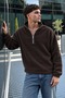 Men's Mock Neck Zip-Up Casual Dark Brown Fleece - 4