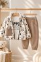 Baby Teddy Bear Print Plush Zip-Up Cardigan, Printed T-Shirt, and Sweatpants 3-Piece Winter Set