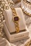 Checked Design Burgundy Dial Sliding Square-Link Steel Women's Wristwatch (Gold Color) - 3