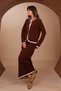 Women's Contrast-Piped Bow-Collar 2-Piece Knit Skirt Modest Set 3282 Brown - 5