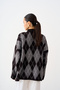Women's Polo Collar Diamond Patterned Oversized Knit Sweater, Black - 4