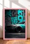 Turquoise Graphite-Accented Wide-Body Muscle Car Framed Art Print Car Poster Wall Decor OTO193