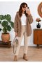 Women's Brown Hooded Plush Jacket with Ribbed Sleeve Detail—Oversized Winter Coat