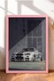 White Japanese Race Car with Purple Graphics—Framed Art Print, Car Poster, Garage or Office Wall Decor OTO186