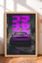 Framed Painting of a Purple Sports Car on a Rainy Side Street—Car Poster for Garage or Office Wall Decor OTO185