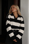 Women's Polo Collar Black and Ecru Striped Soft-Textured Sweater - 3
