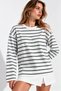 Women's Mint and White Striped Cotton Crew Neck Oversized Blouse