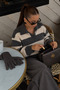 Women's Polo Collar Anthracite and Ecru Striped Soft-Textured Sweater - 3