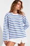 Women's Cobalt Blue and White Striped Cotton Crew Neck Oversized Blouse - 2