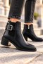 Women's Black Buckled and Zip-Up Boots with Block Heels—Stylish Casual Ankle Boots - 7