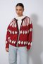 Jacquard Bicycle-Neck Knit Cardigan, Red