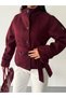 Arven high neck, belted, short, linered kaşe coat, black, brown. - 5