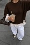 Women's Crew Neck Oversized Knit Sweater with Lace and Bow Detail - 4