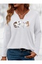Mix Cat-Print Cotton-Stretch Fabric Half-V-Neck Long-Sleeve Blouse