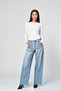 Wide-Leg Jeans with Striped Detail and Lace-Up Detail - Blue - 4