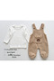 Boys' Velvet Dungarees Set with Long-Sleeved Bodysuit and Teddy Bear Print - 2