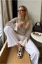 Women's Crew Neck Oversized Knit Sweater with Lace and Bow Detail