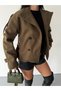Arven high neck, belted, short, linered kaşe coat, black, brown. - 3
