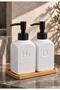 Daylora 350 ml Checked White Liquid Soap Dispenser Set of 2 with Porcelain Bamboo Tray - 3