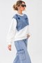 New Season Women's Denim-Paneled Asymmetrical-Cut Oversized Sweatshirt with Tassel Details and Pocket Detail - 2