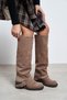 Madani Bay Beige Suede Leather Belt Detail Square-Toe Block Heel Women's Boots - 8