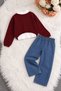 Burgundy Girls' Embroidered Sweatshirt and Jeans 3-Piece Set 25066 - 4