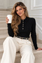 Women's polo collar button-up knit sweater with braided pattern - 4